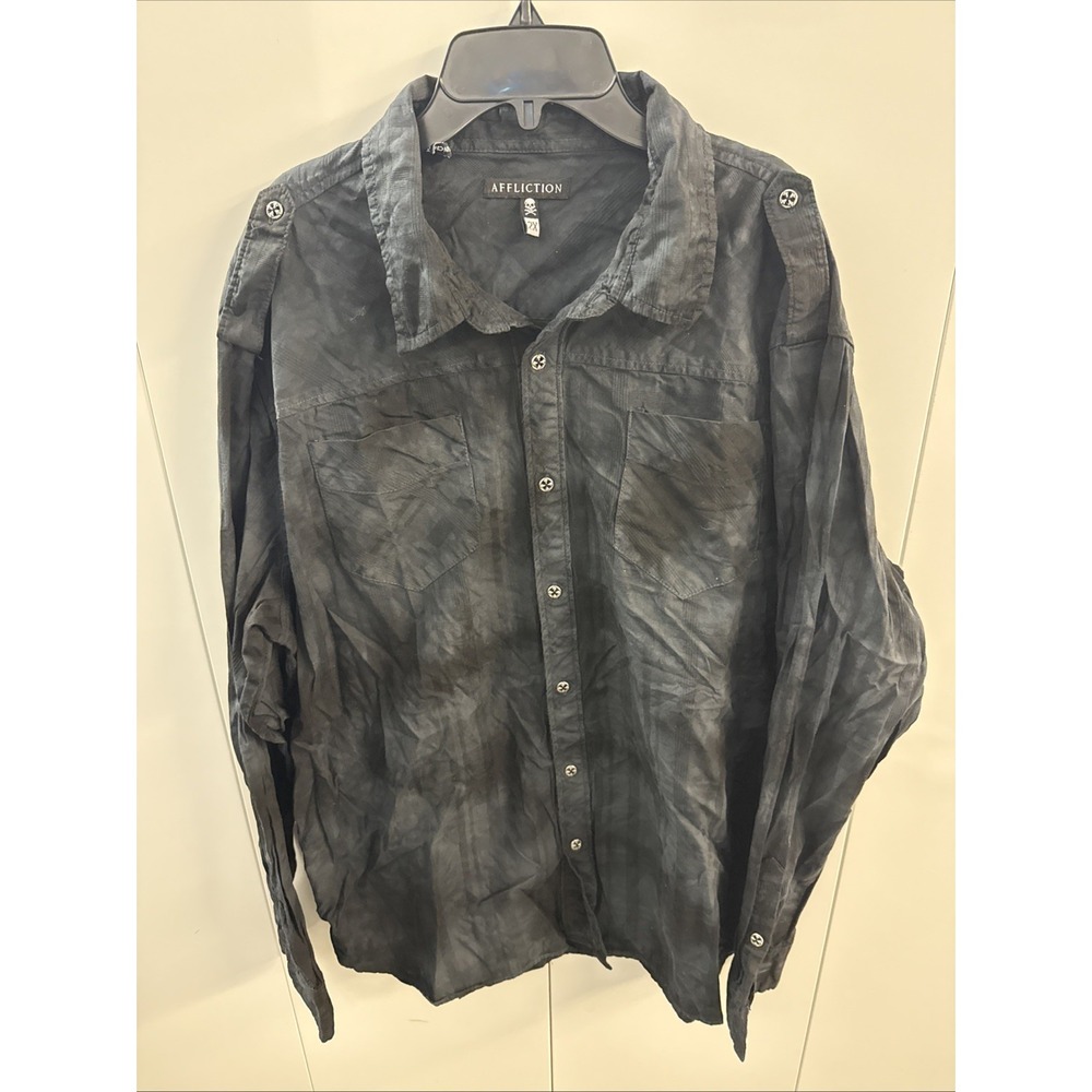 Affliction Mens 2XL Button Up Shirt Vintage Y2K Grunge Smoked Plaid Embroidered